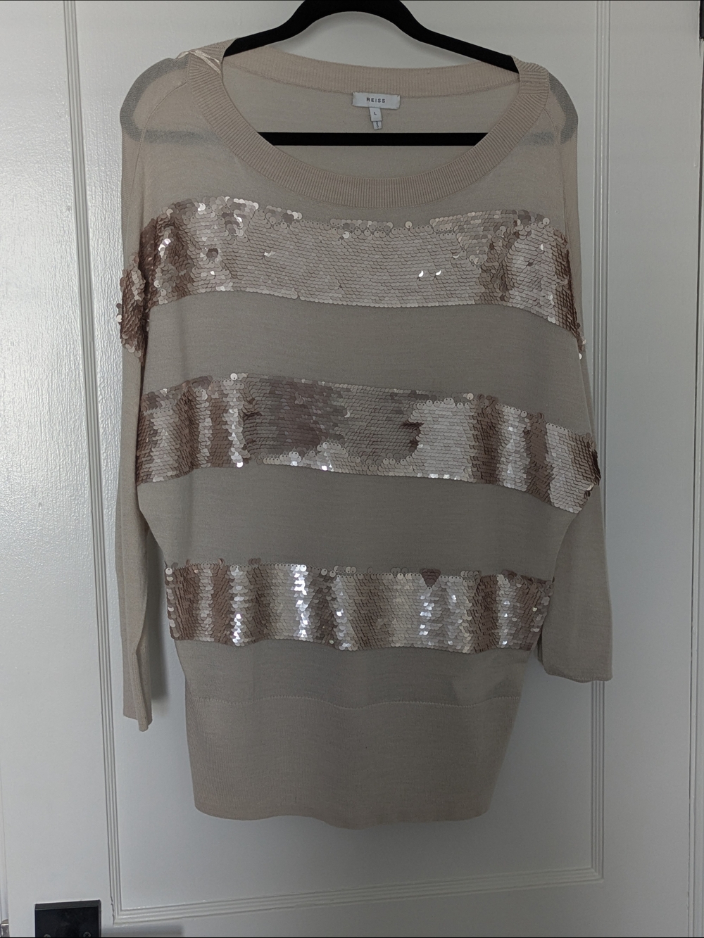 Reiss Beige Crewneck Sweater with Sequin Stripes